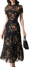 GothDark Women's Summer Mesh Ruffle Dress - Flowy Floral Maxi