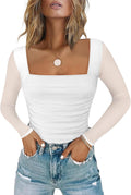 Chunpin Women's Mesh Square Neck Bodysuit - Flattering Ruched Fit