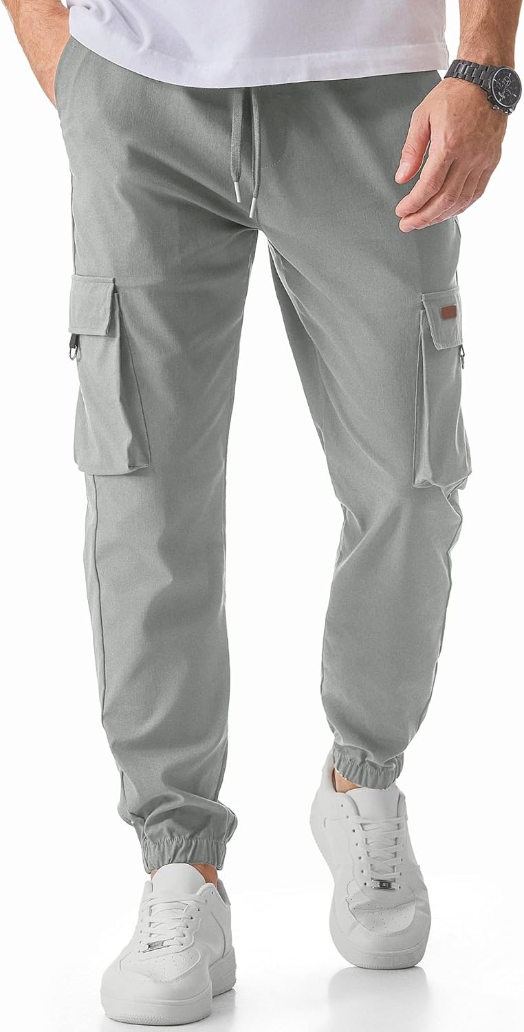 JMIERR Mens Cargo Pants: Lightweight Elastic Waist Tapered Joggers