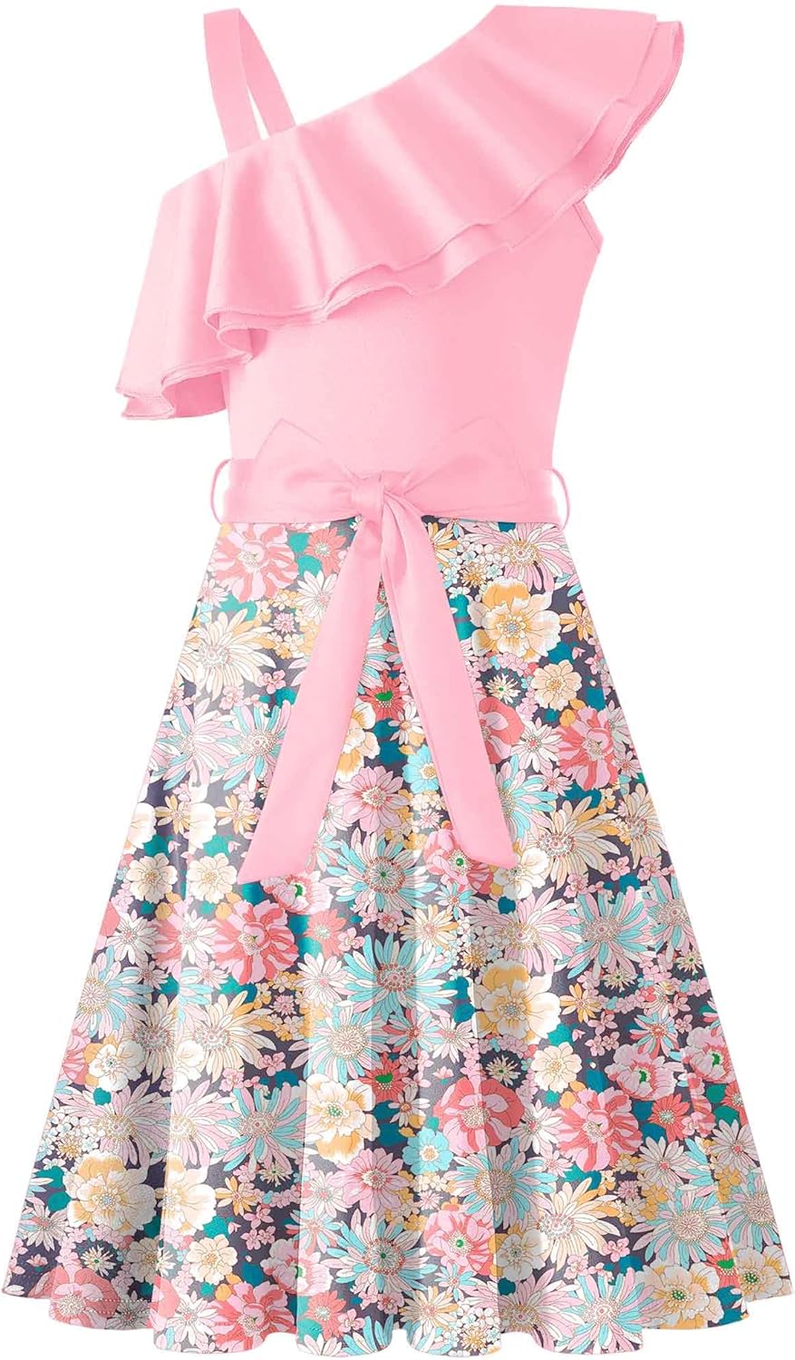 Arshiner Girls Dress One Shoulder Ruffle Trim Birthday Party