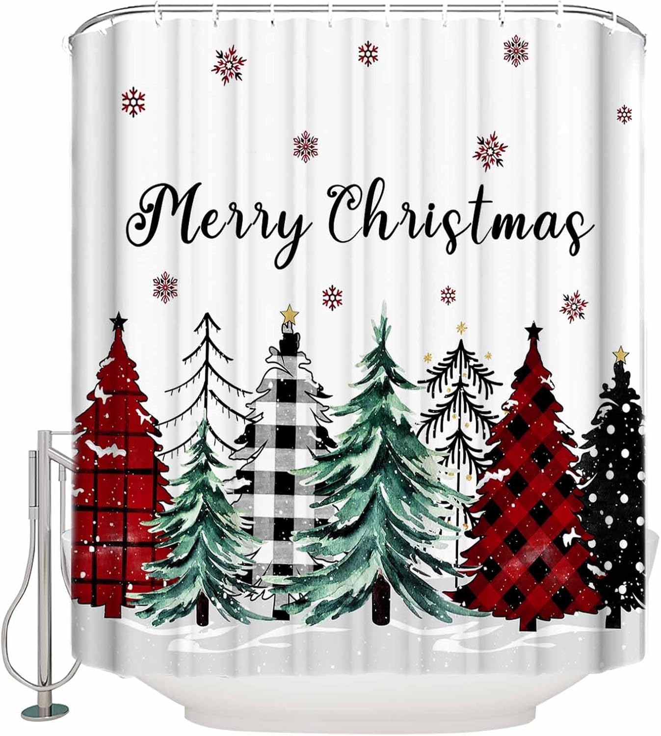 Waterproof Christmas Tree Shower Curtain | Festive Red Snowflakes | 72x72