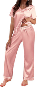 Ekouaer Satin Pajamas for Women Short Sleeve - Soft Silk Sleep Set
