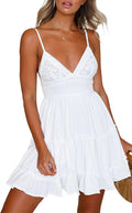 ECOWISH Summer V-Neck Spaghetti Strap Bowknot Backless Lace Mini Dress