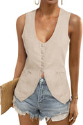 Womens Scoop Neck Linen Blazer Vest - Fitted Sleeveless Waistcoat