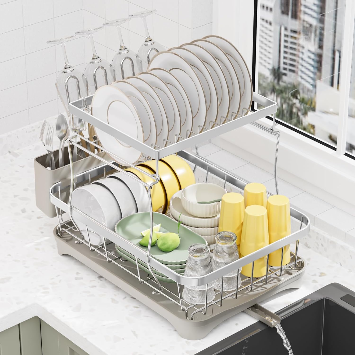 LIYI Large Dish Drying Rack for Kitchen Counter, 2-Tier Design