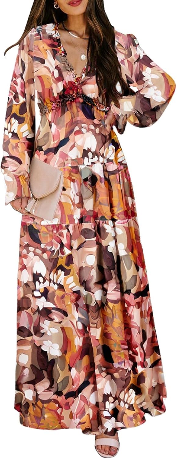 Bohemian Floral Printed Deep V Neck Maxi Dress for Women