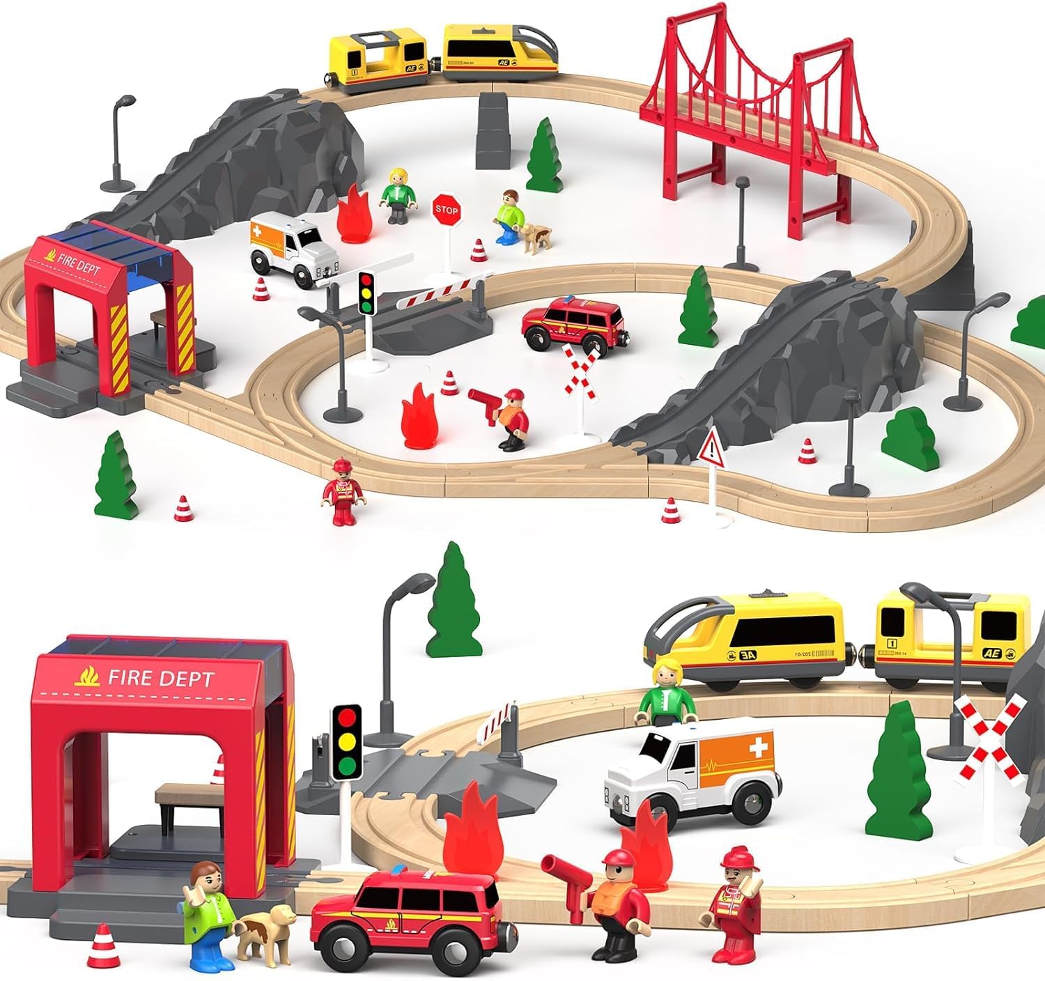 Giant Bean 72PCS Fire Station Wooden Train Track Set for Kids