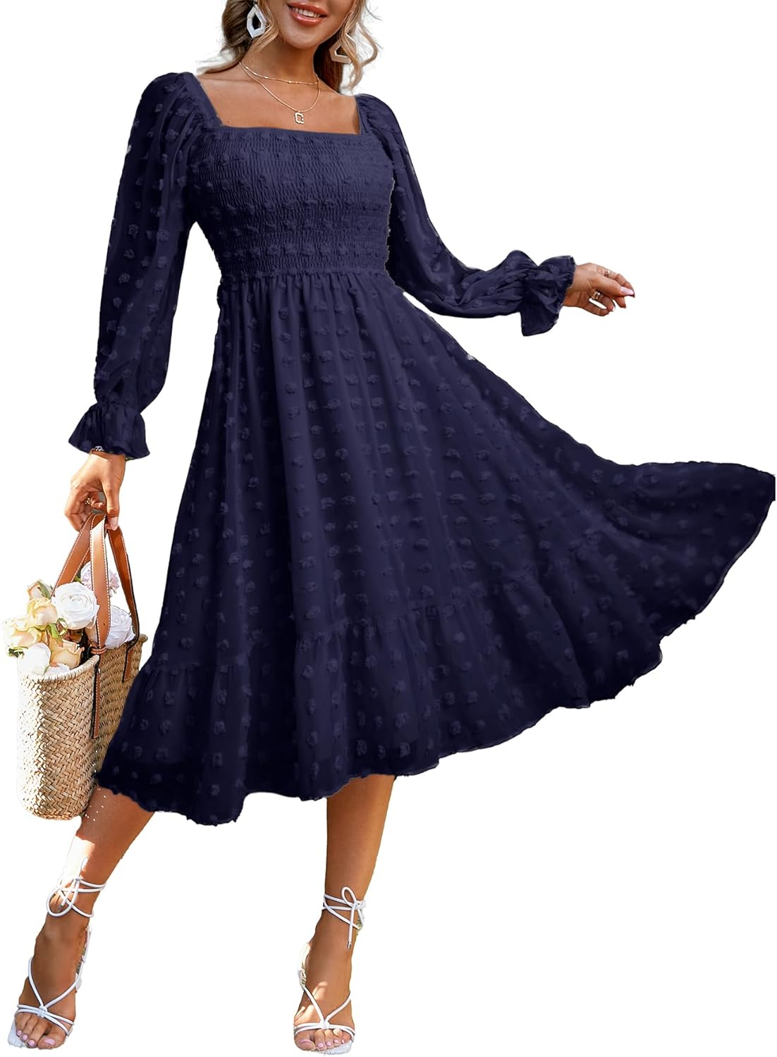 Amegoya Women's Boho Flowy Long Sleeve Square Neck Midi Dress