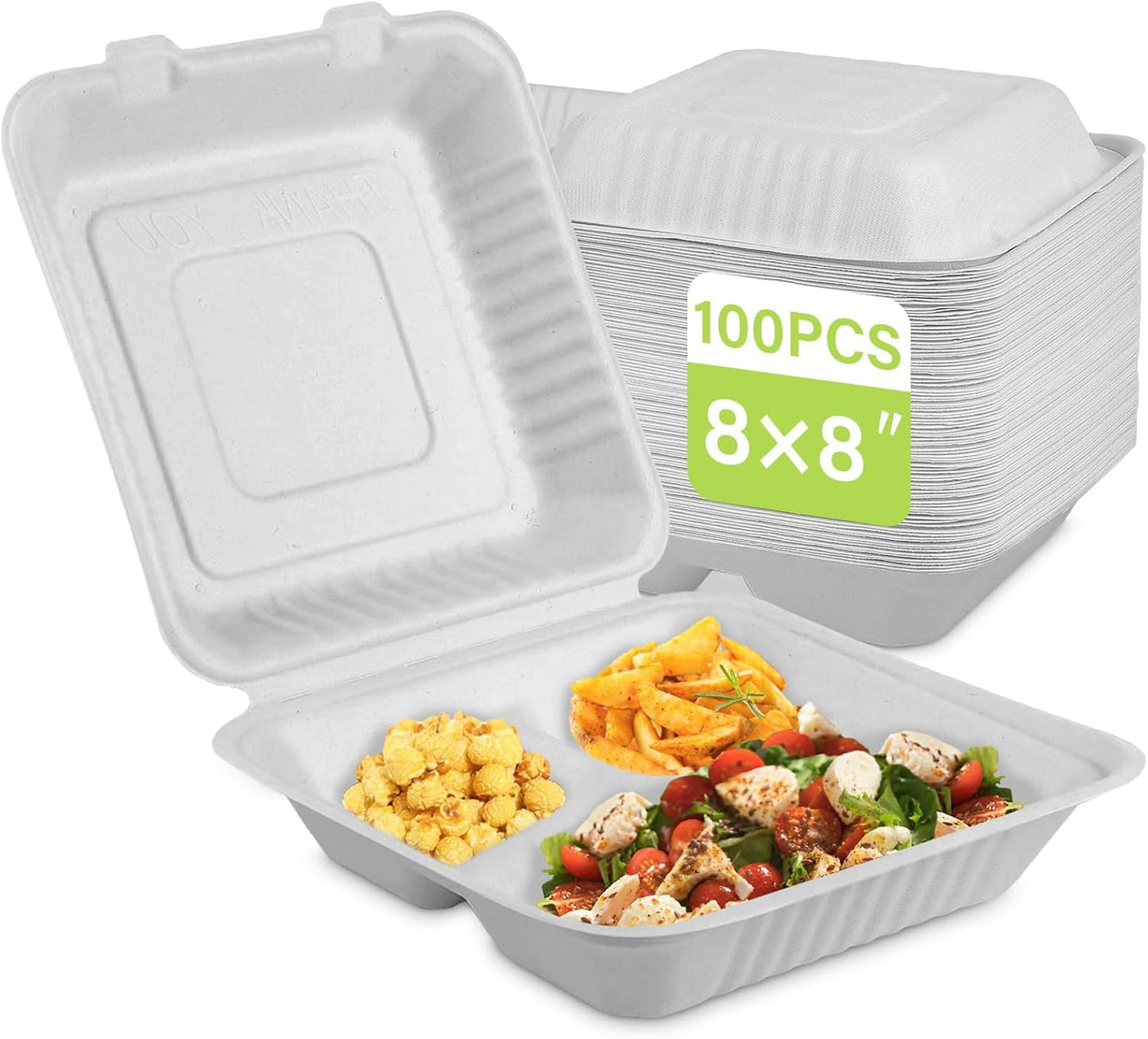 Compostable Take Out Food Container 8X8, 100 Pack Clamshells