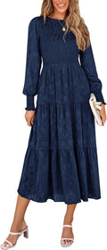 Women's Long Flowy Midi Dress with Pockets - Smocked Floral Fit