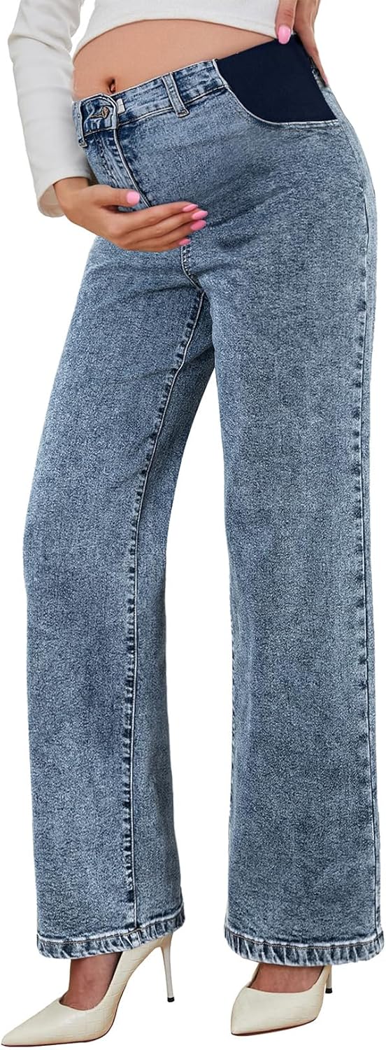 BLENCOT Maternity Jeans for Women High Waist Straight Leg Pants