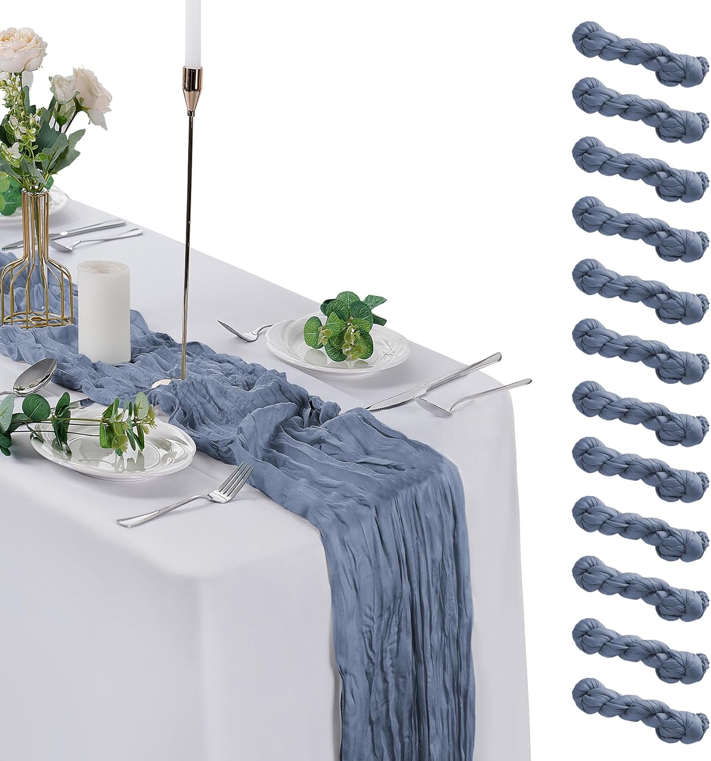 12 Pack Dusty Blue Cheesecloth Table Runner for Rustic Weddings