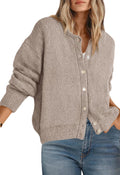 Long Sleeve Crewneck Button Down Cardigan for Women - Chunky Open