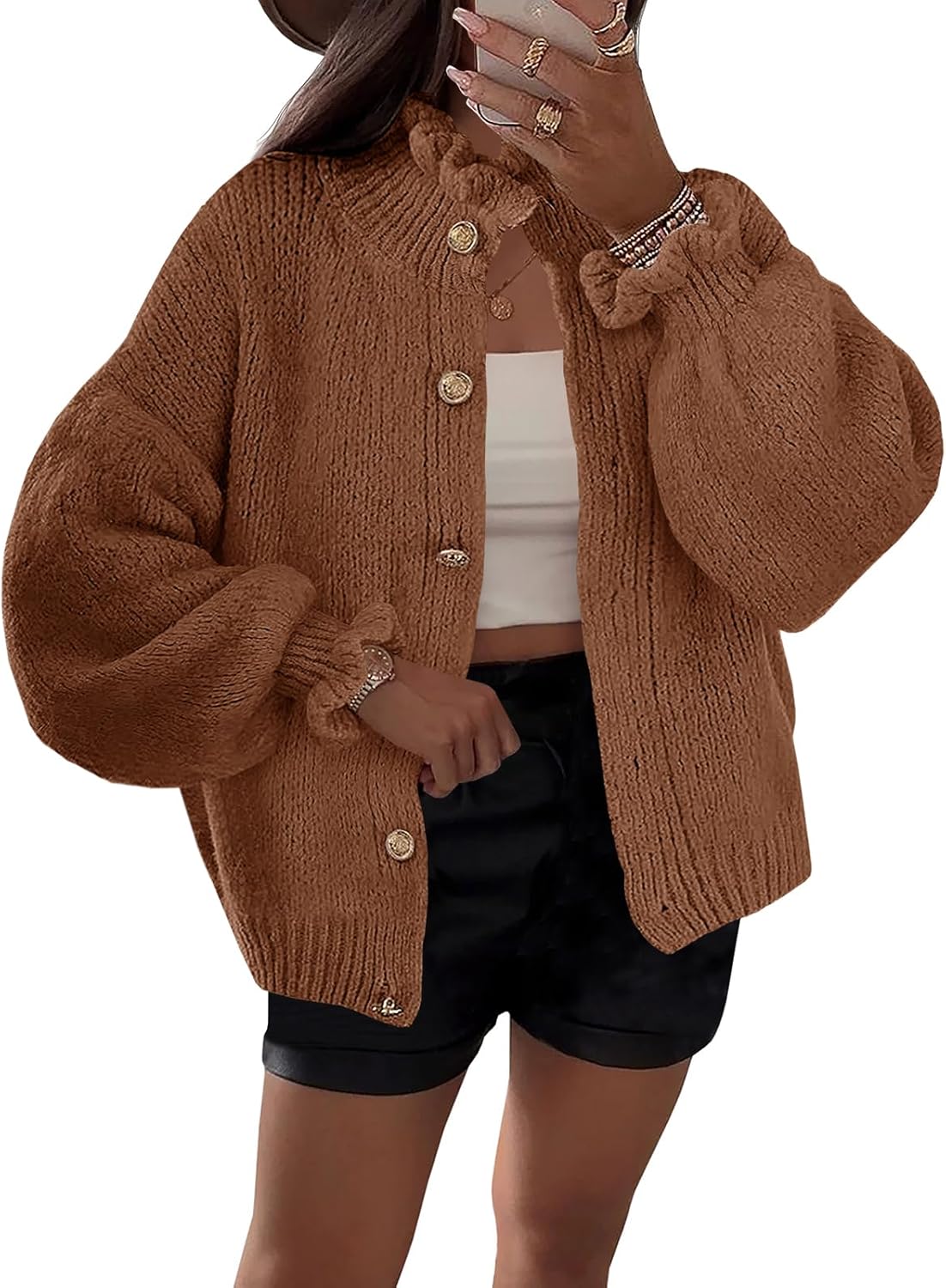 Saodimallsu Womens Ruffle Cardigan Oversized Button Up Sweater