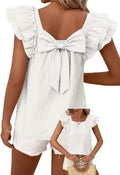 Womens Bow Tie Back Ruffle Short Sleeve Chiffon Top - Cute Babydoll