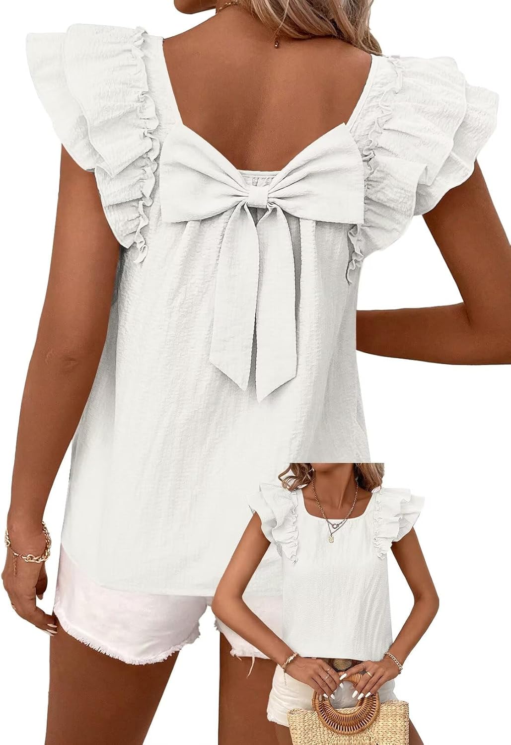 Womens Bow Tie Back Tops with Ruffle Short Sleeves for Summer