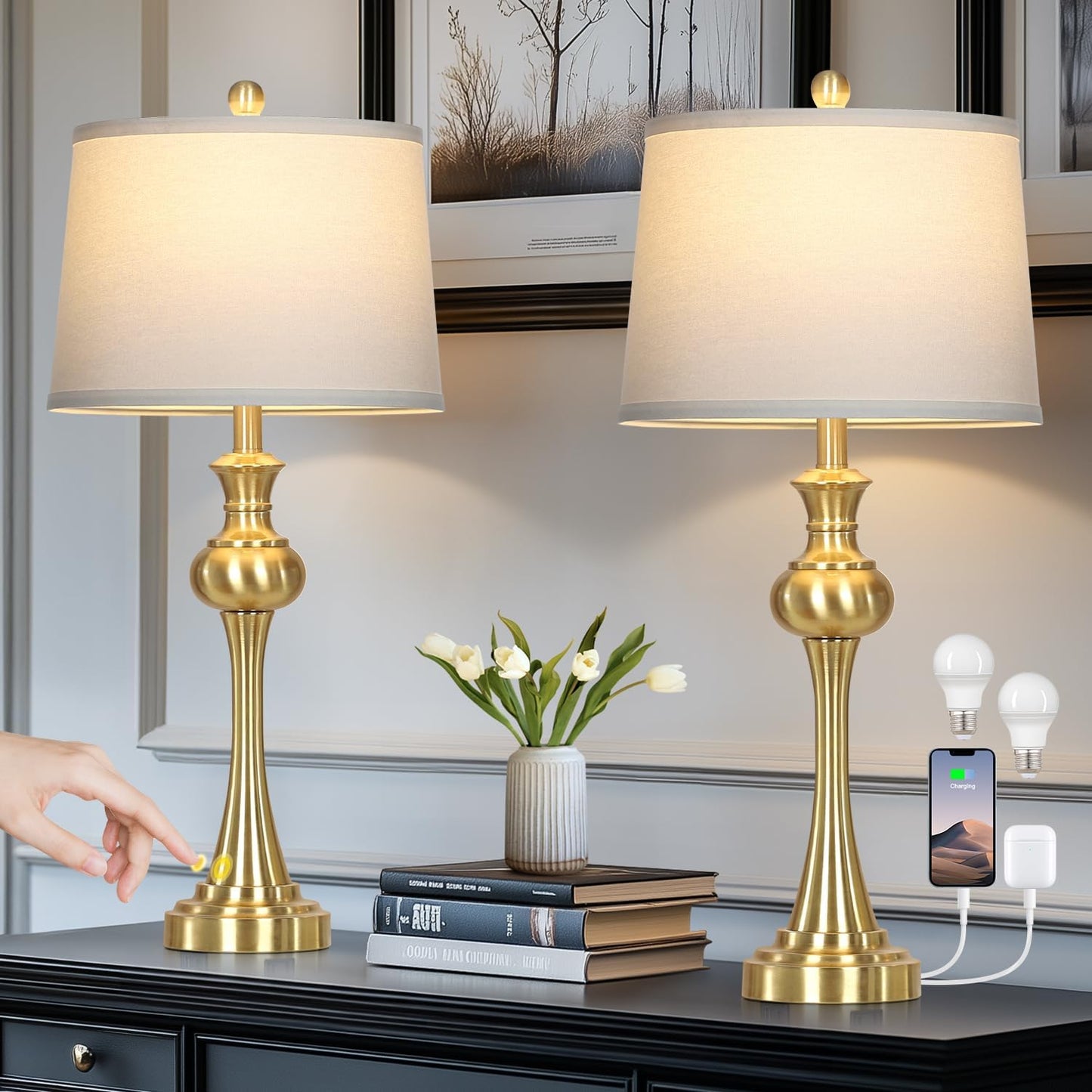 28.75 Gold Table Lamps Set of 2 with USB Charging Ports