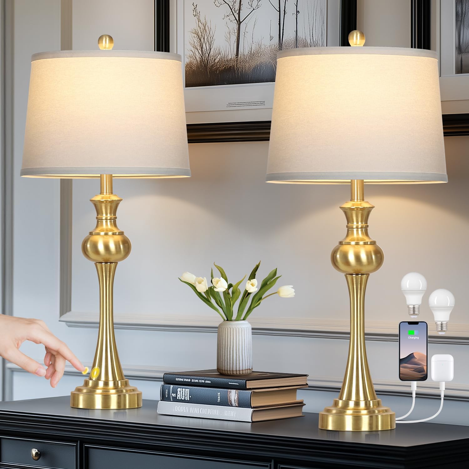 28.75 Gold Table Lamps Set of 2 with USB Charging Ports