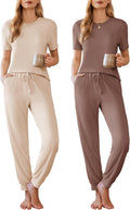 Ekouaer 2 Pack Womens Pajama Sets Short Sleeve Jogger Pants - Cozy