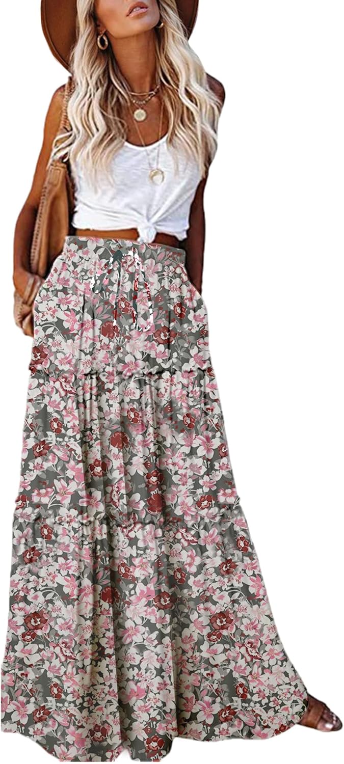 EARKOHA Womens Casual High Waist Tie Maxi Skirt with Pockets