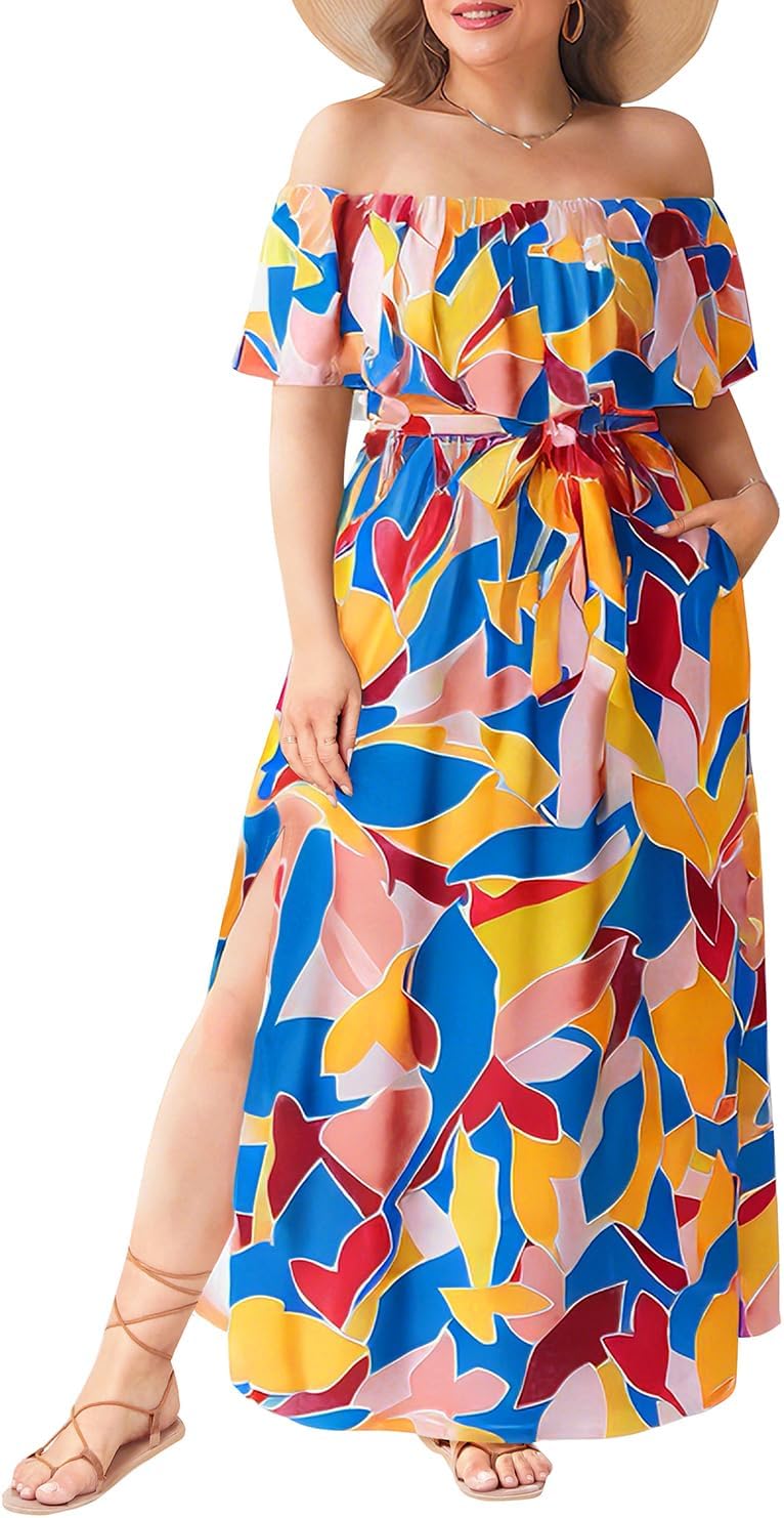 Plus Size Off The Shoulder Maxi Dress with Pockets for Women