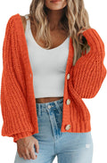 Women's Chunky Knit Short Cardigan - Oversized V Neck Button Cozy