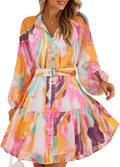 ZESICA Womens Fall Floral Mini Dress - Flowy Long Sleeve Button Down