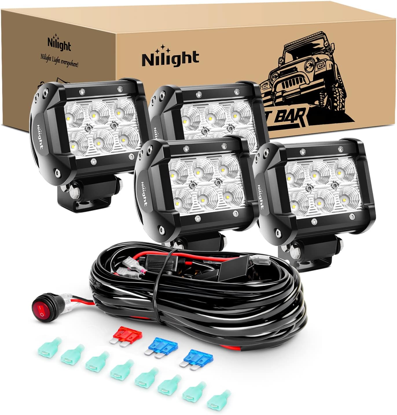 Nilight LED Pods 4 Inch 18W Flood Off Road Fog Lights