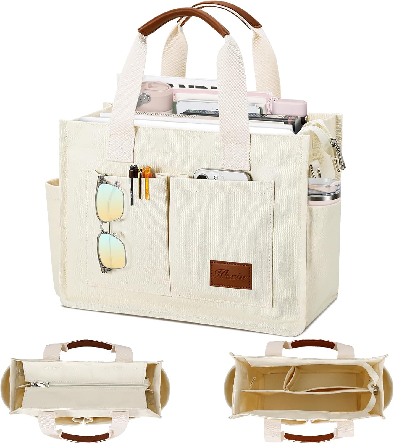KKXIU Large Canvas Tote Bag for Women with Zipper and Pockets