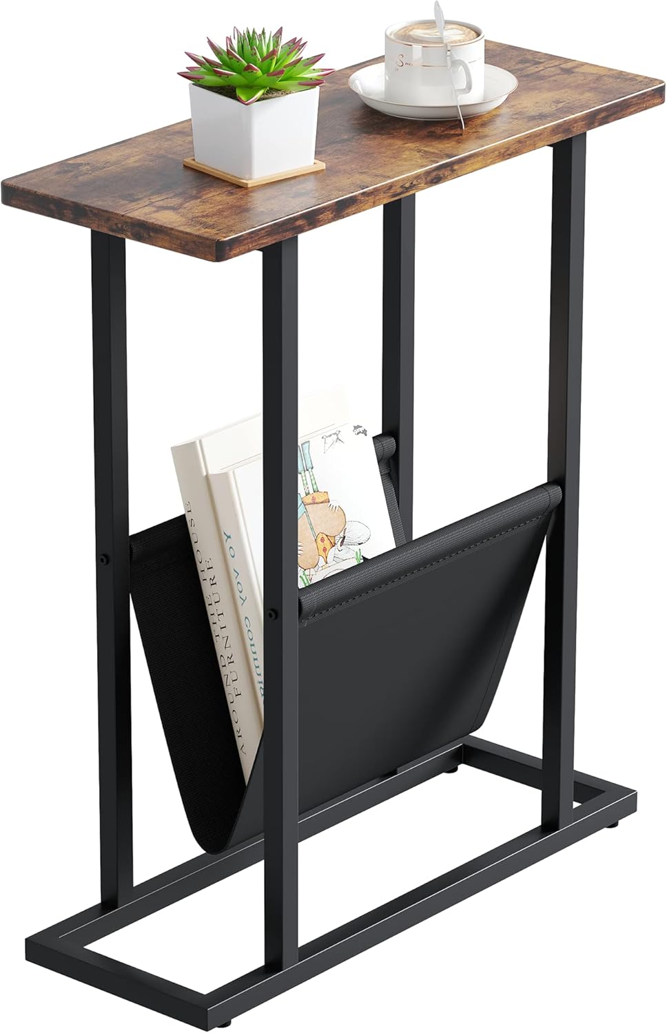Narrow Side Table for Small Spaces with Magazine Holder