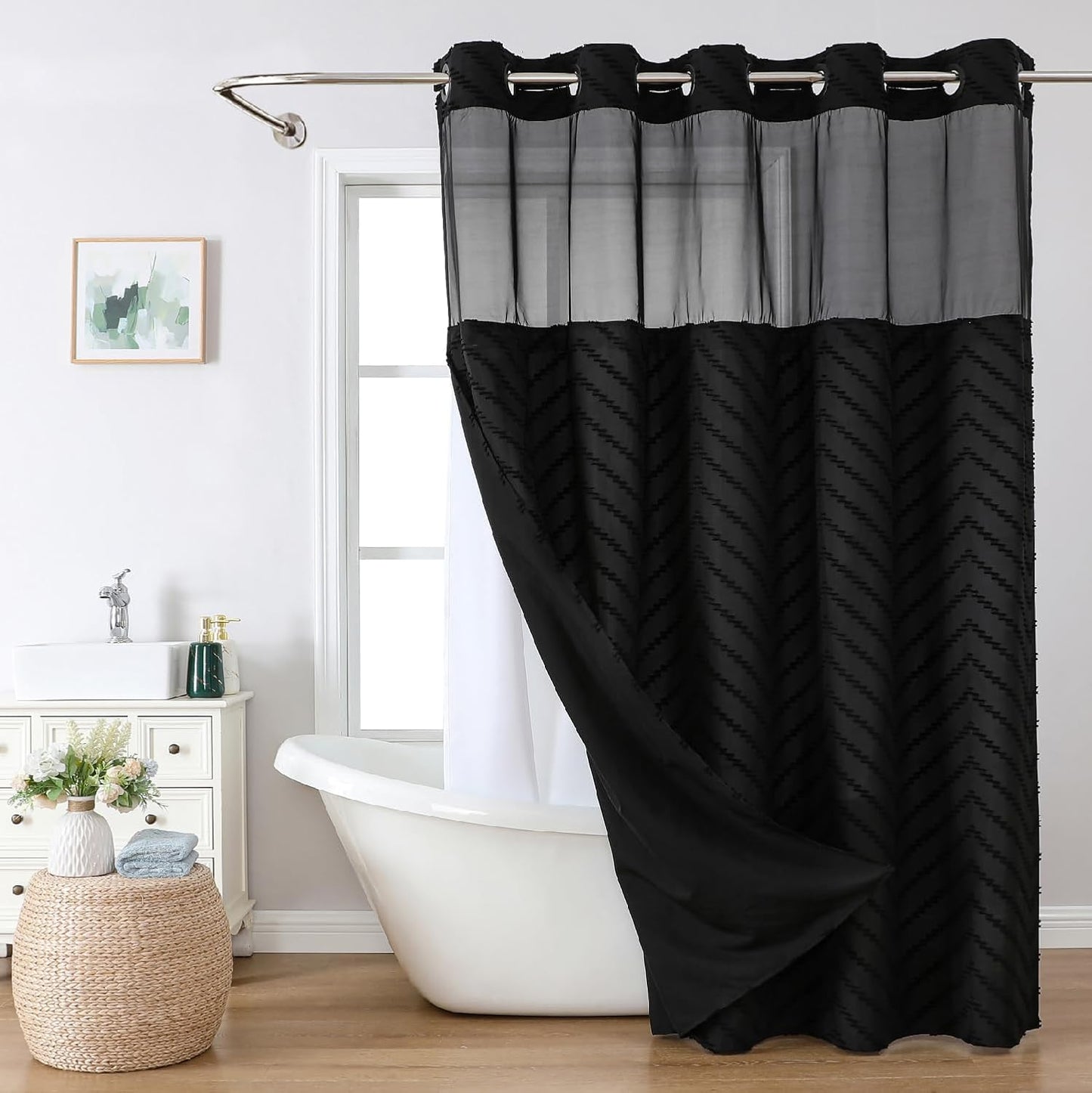 Long No Hook Tufted Chevron Striped Shower Curtain for Spa