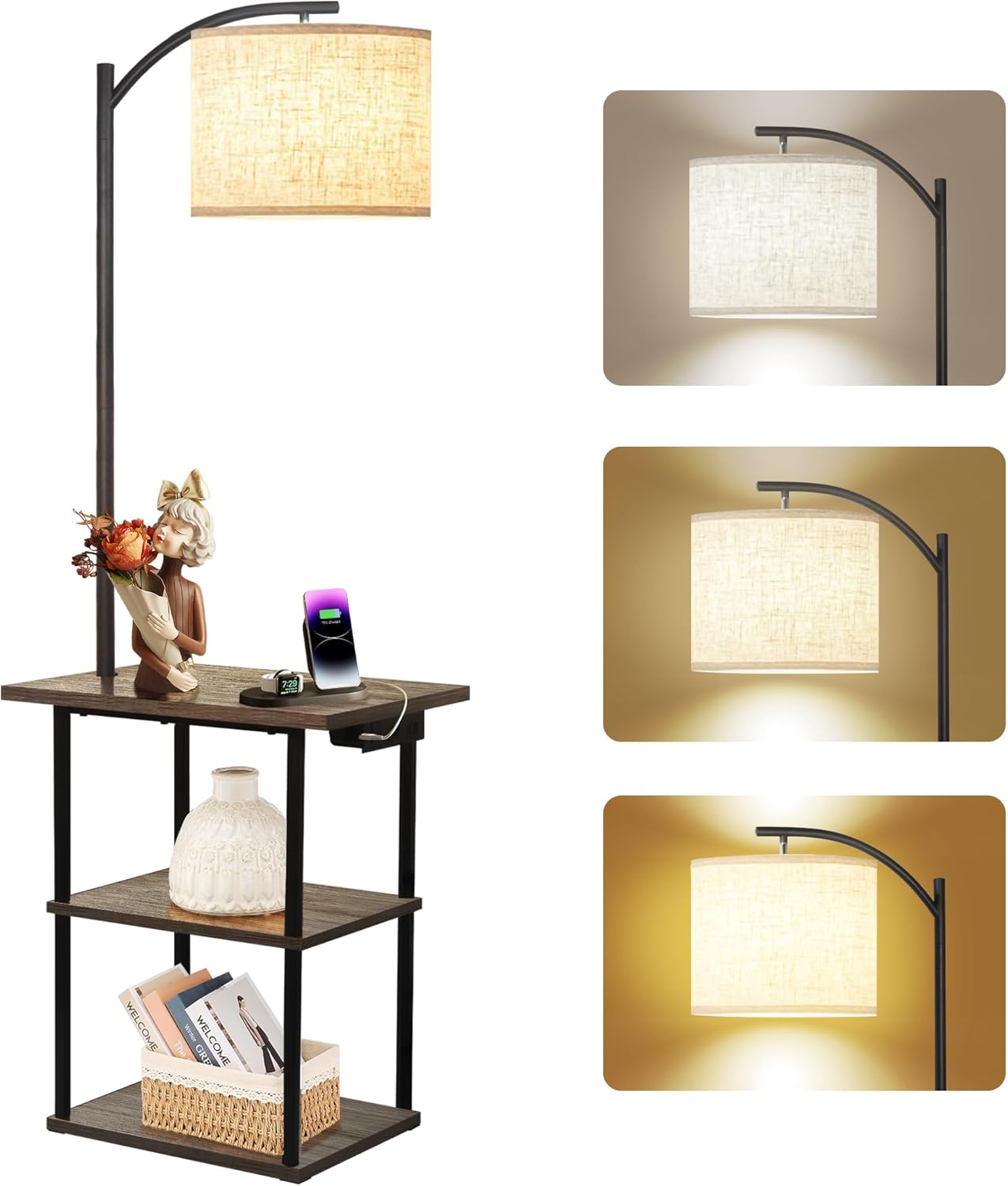 PESRAE Floor Lamp with Tables and Charging Station for Modern Living