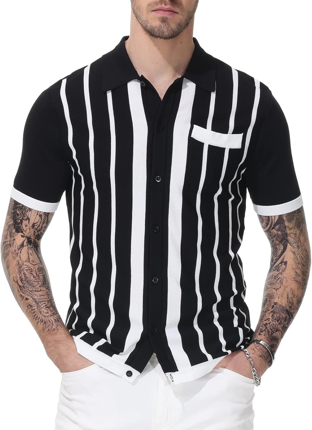 Vintage Striped Button Down Knitted Golf Shirts for Men