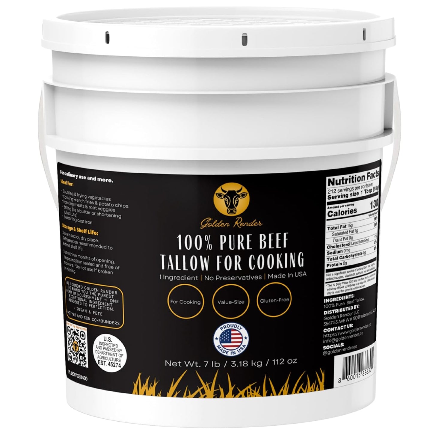 100% Pure Beef Tallow for Cooking & Deep Frying - 7lb Bulk Size