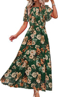 Womens Floral Chiffon Maxi Dress with Smocked Bodice - Flowy