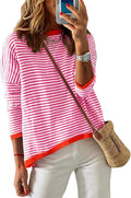 Womens Lightweight Cotton Crew Neck Striped Pullover - Color Block