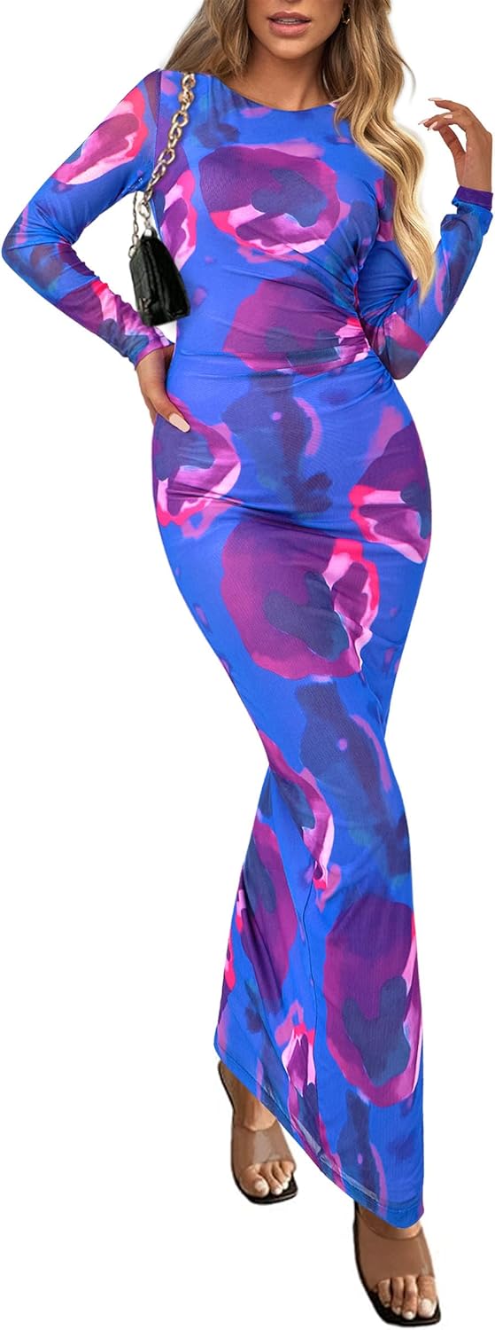 Bodycon Maxi Dress for Women - Floral Print Long Sleeve Style