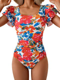 Tummy Control One Piece Swimsuit Ruffle Square Neck - Slimming Look We