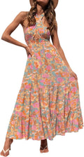 ZESICA Womens 2025 Summer Crossover Halter Neck Plaid Maxi Dress