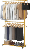 Double Rod Clothing Garment Rack - Rolling Gold Coat Hanger