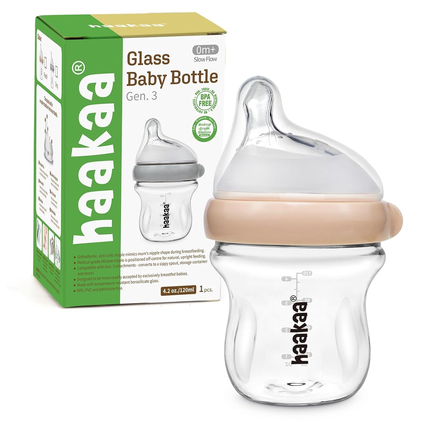haakaa Glass Baby Bottle - Anti-Colic, Easy Clean
