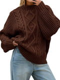 Oversized Cable Knit Turtleneck Sweater - Chunky Button Up Pullover