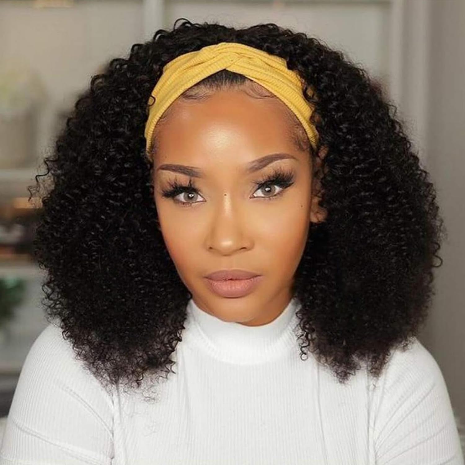 Kinky Curly Human Hair Headband Wig for Black Women 14 Inch