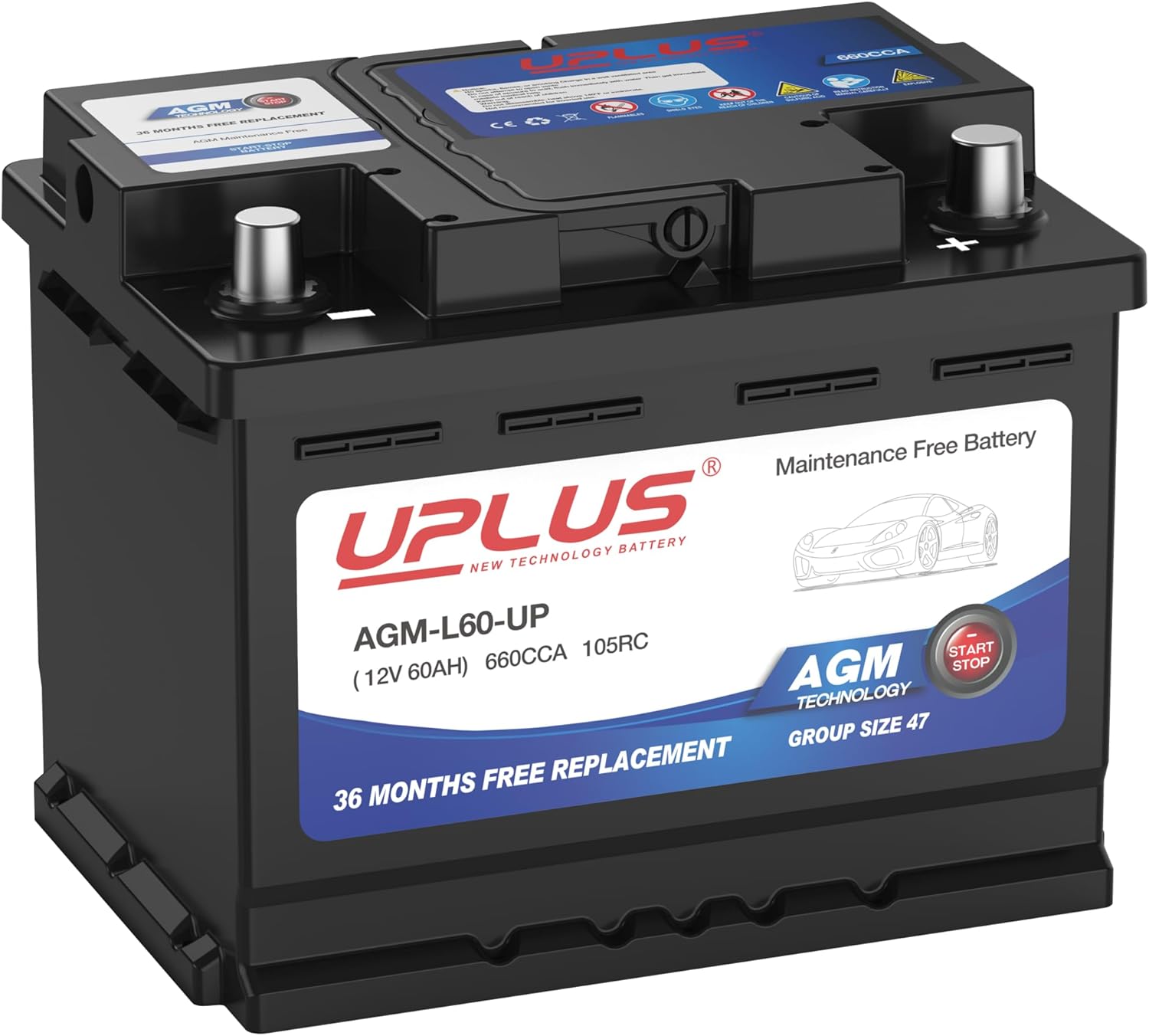 UPLUS BCI Group 47 Car Battery - Premium AGM 12V 60Ah Power