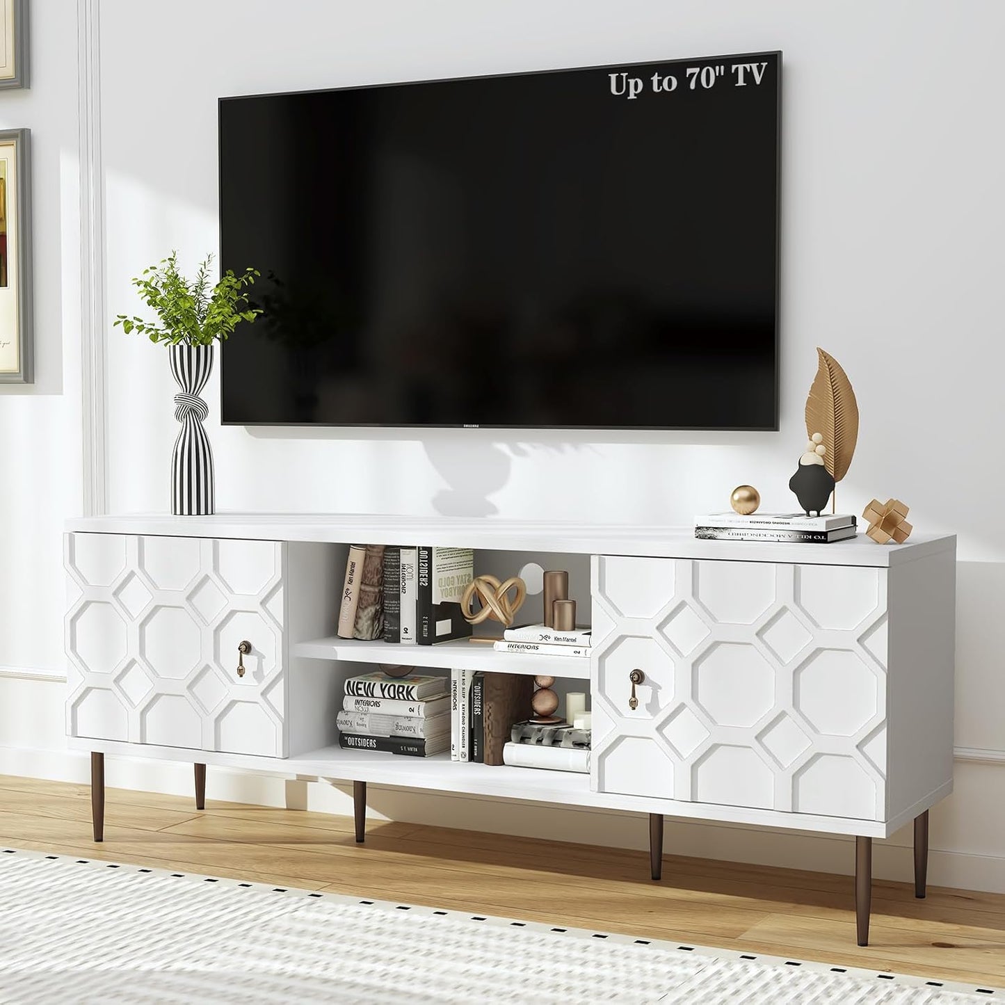 Embossed Pattern TV Stand with Storage - White