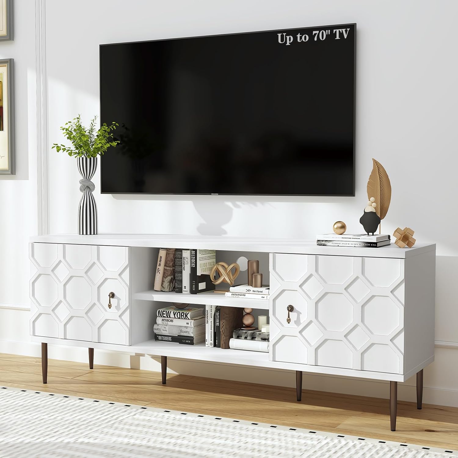 Embossed Pattern TV Stand with Storage - White