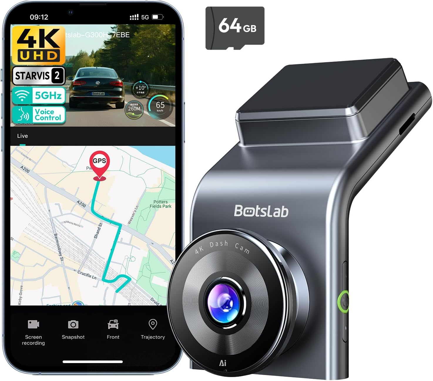 BOTSLAB 4K Dash Cam Front with Voice Control and GPS Features