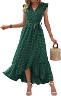 Women V Neck Swiss Dot Boho Maxi Dress - Flattering Wrap Style