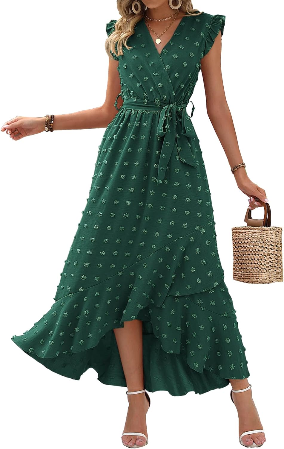 BTFBM Women V Neck Summer Dress with Ruffle Slit for Parties