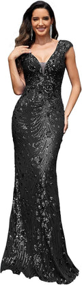 Womens Sequined Long Evening Gown Mermaid V-Neck - Sleek Glamour